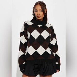 Mock Neck Sweater - Black, Brown & White